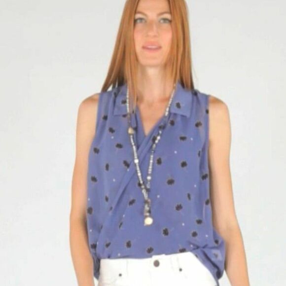 CAbi Crossover Blouse Vivid Violet Floral Print Draped Front Sheer Top LARGE - Picture 1 of 9